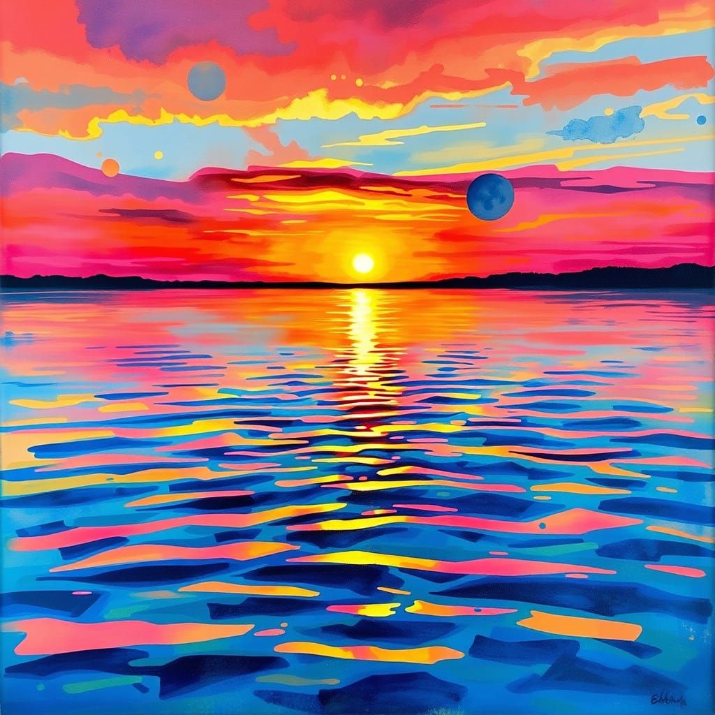 Vibrant Lake Sunset in Watercolor Graffiti Style