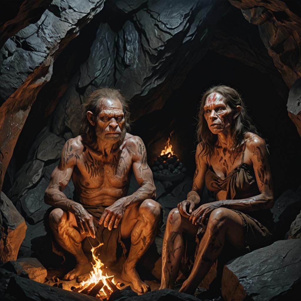 Prehistoric Couple by Firelight in Dark Cave