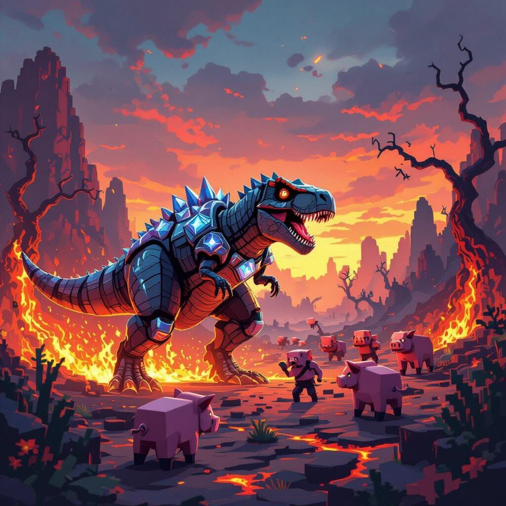 T-Rex Battles Piglins in Minecraft Nether as Pixel Art