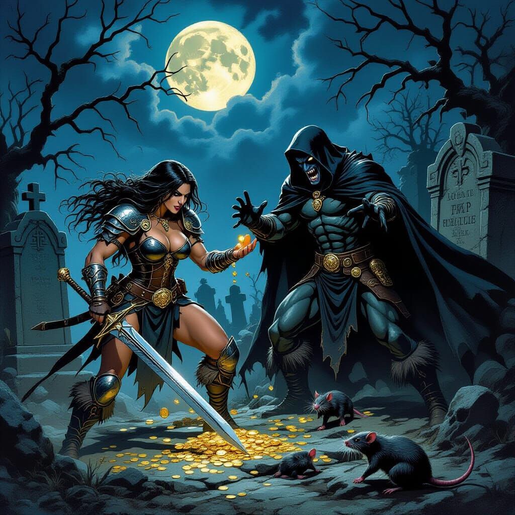 Barbarian Warrior Fights Vampire in Gothic Graveyard