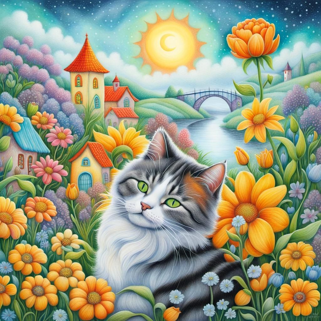 Cat Nap in Whimsical Garden, Detailed Fantasy Art