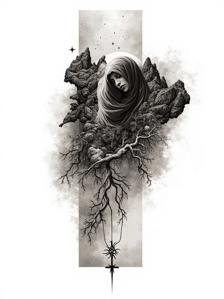 Sacred Night Sky Tattoo Art with Veiled Goddess