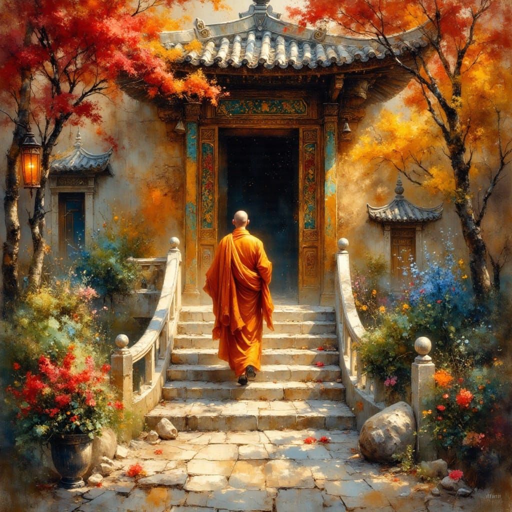 Monk Ascending Temple Steps in Spring
