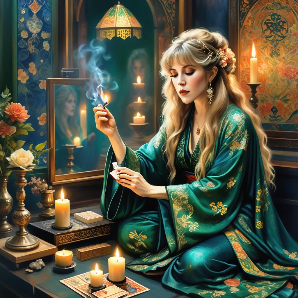Mystical Woman Reading Tarot Cards: Impressionist Oil Painti...