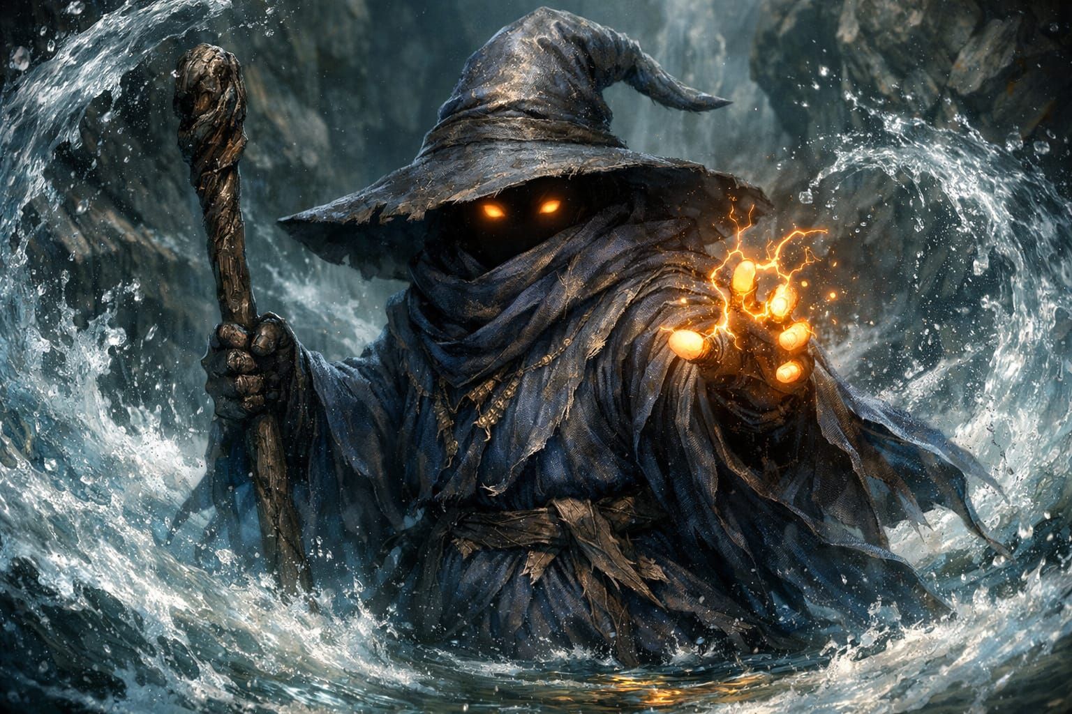 Solitary Mage Conjures Arcane Power in Elemental Chaos