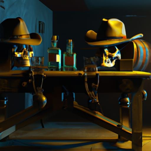 Western Bar Scene with Skull-Engraved Revolvers