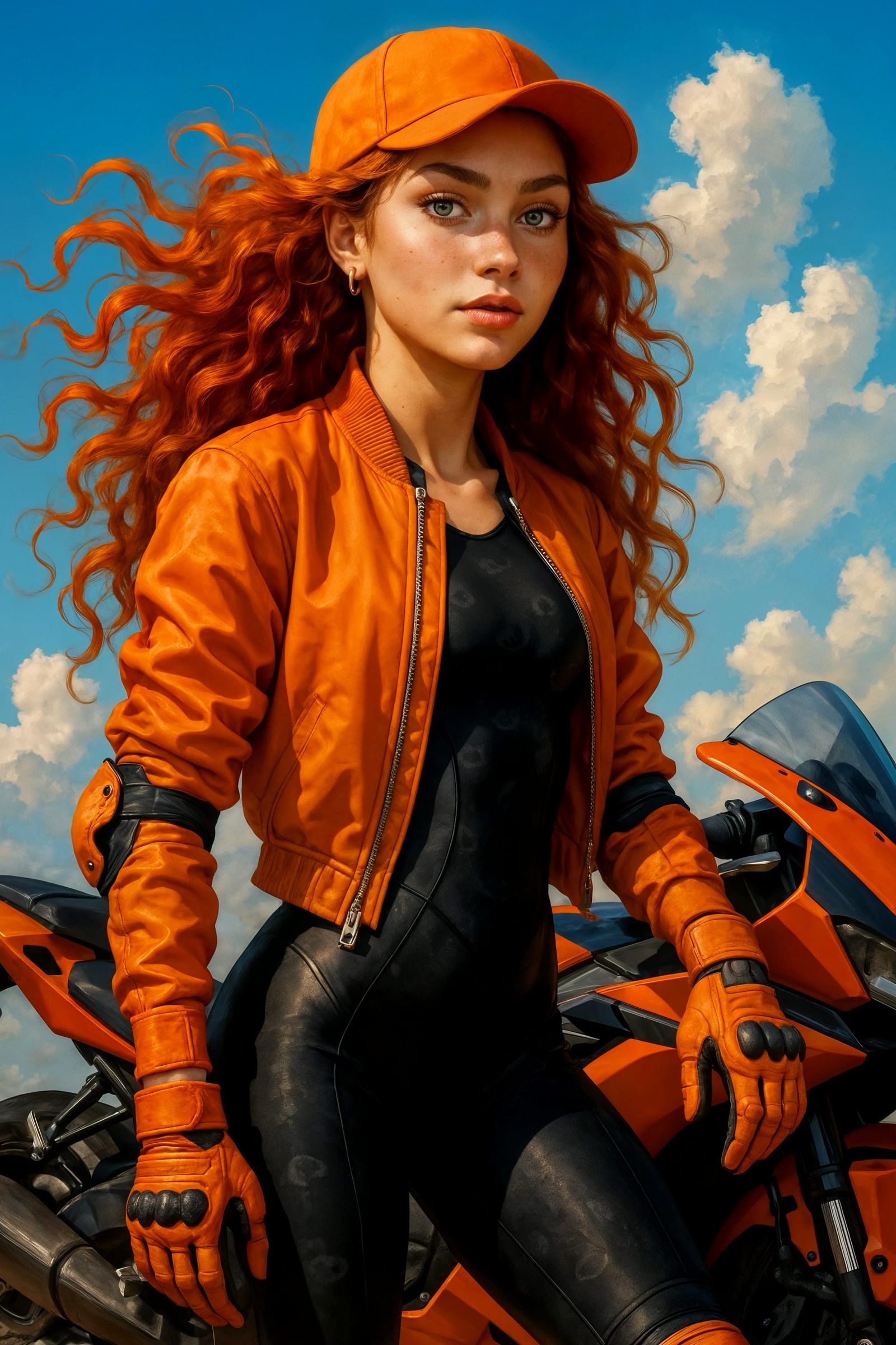 Stunning Woman with Red Hair on Orange Motorcycle
