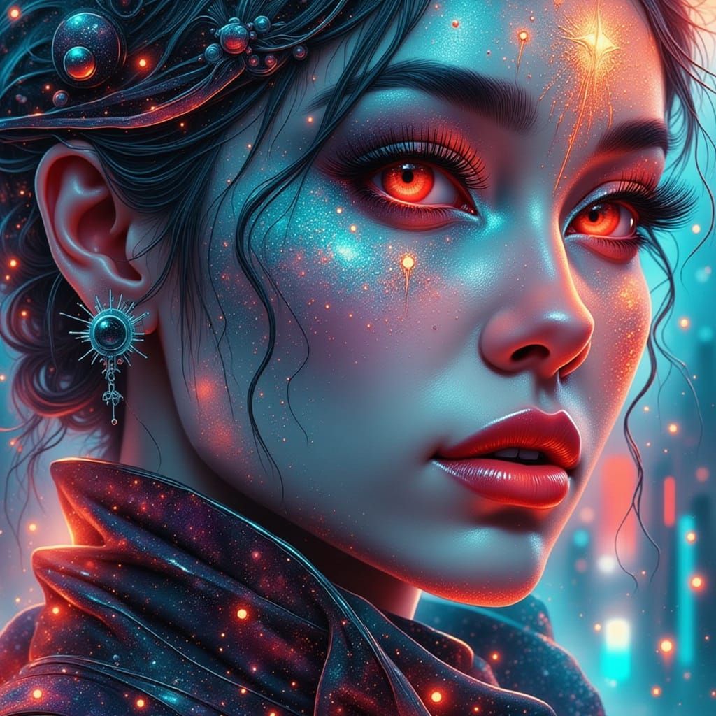 Cyberpunk Woman Portrait with Electric Lips in Neon Glitch S...