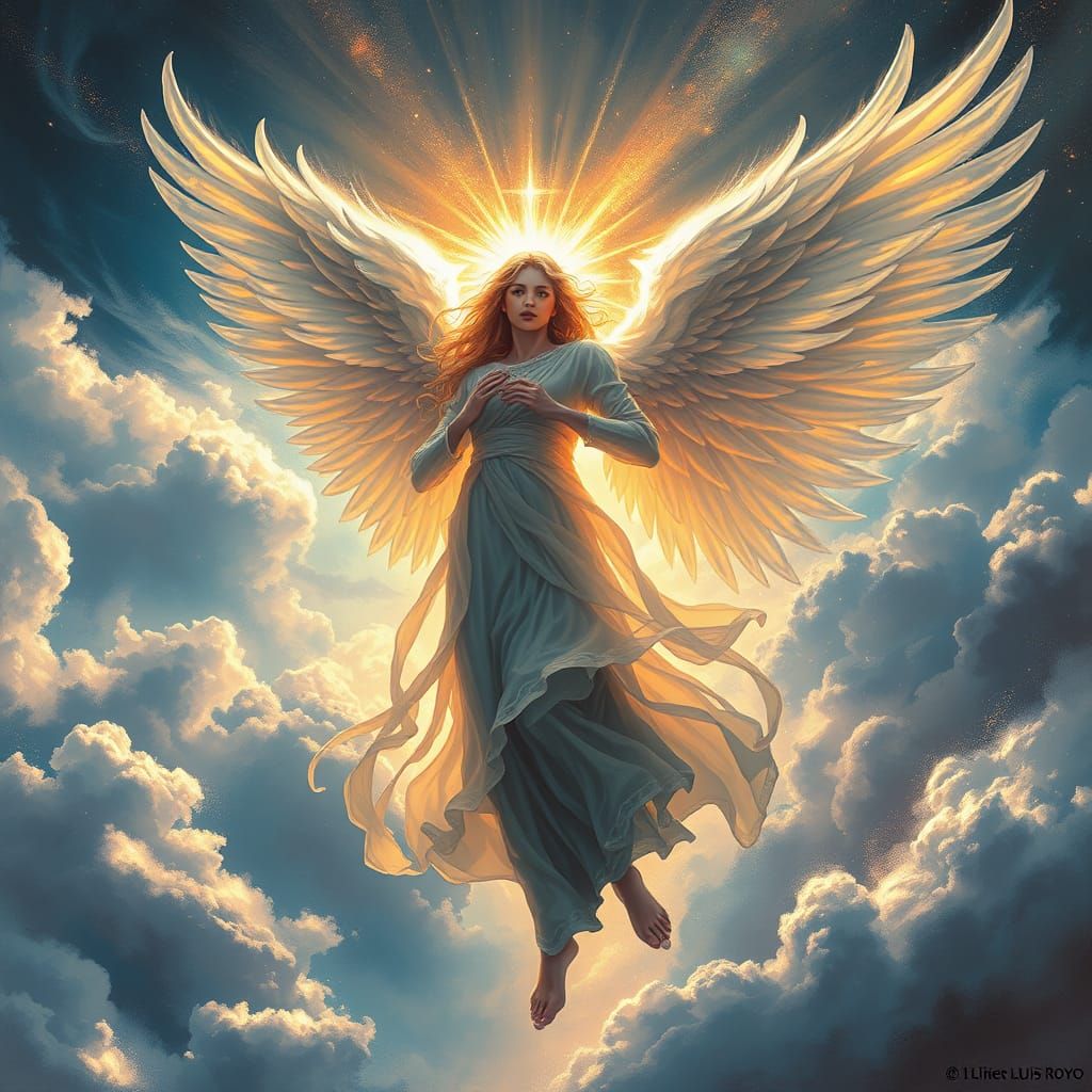 Angel of Light in Ethereal Glow with Intricate Wings and Cry...