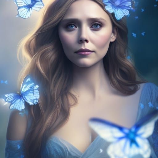 Elizabeth Olsen Portrait with Blue Butterflies