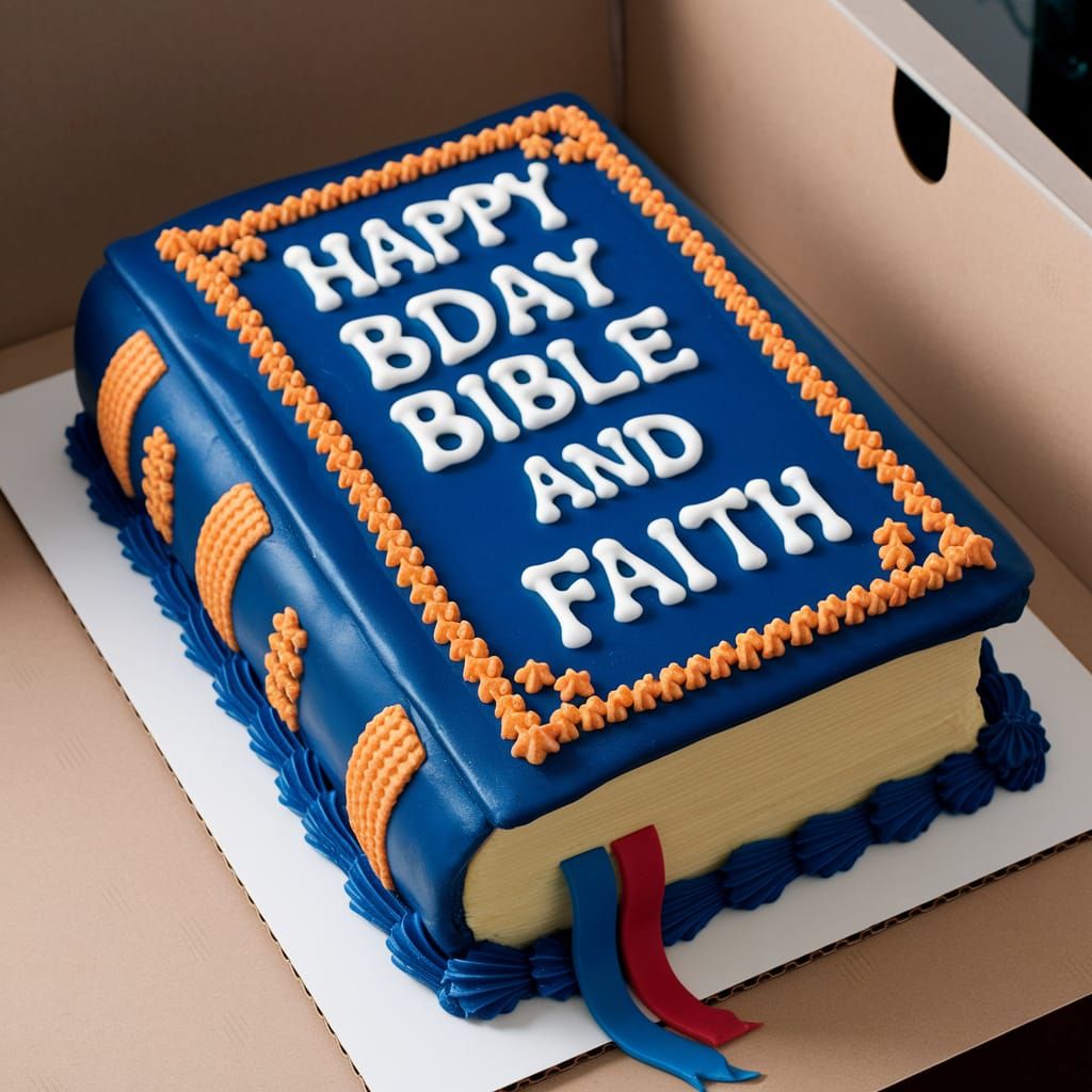 A birthday cake made to look like the Bible, with "Happy Bda...