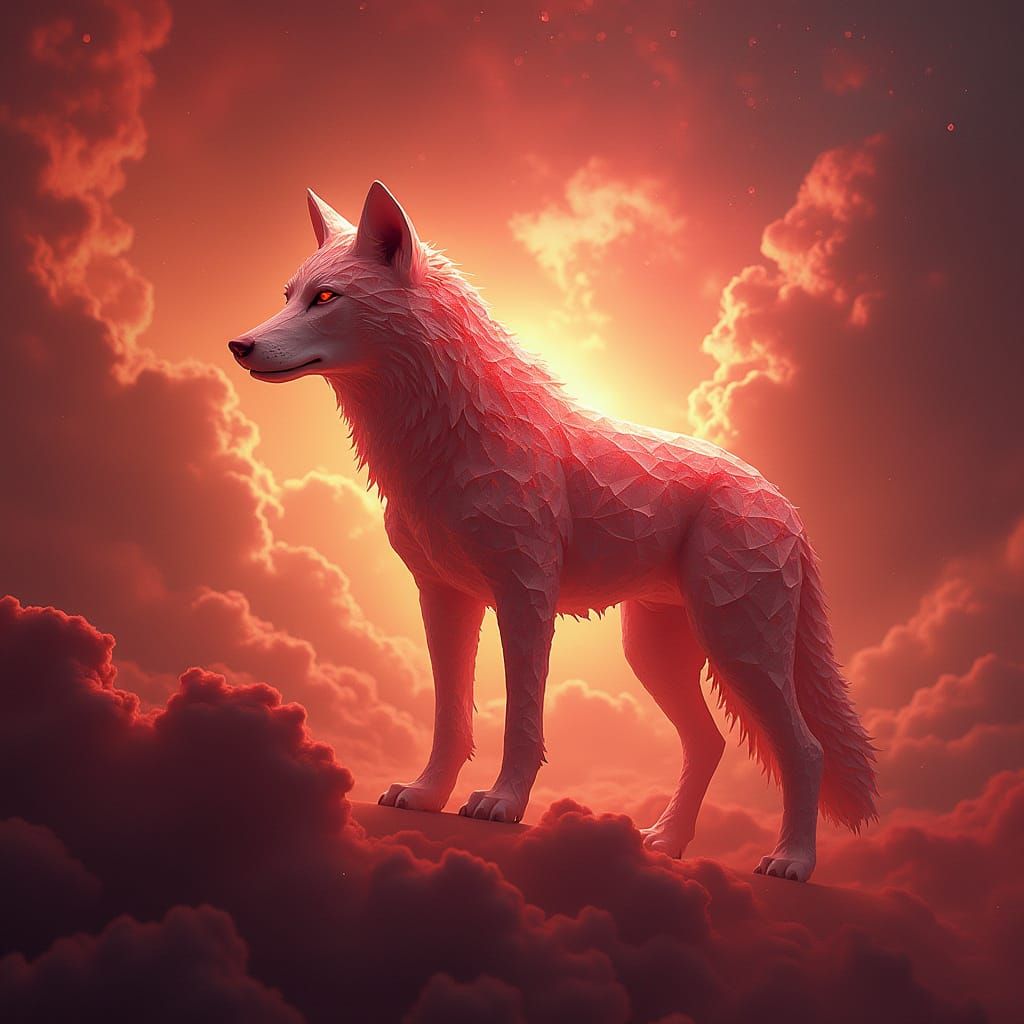 Crystal Wolf in a Cosmic Crimson Landscape