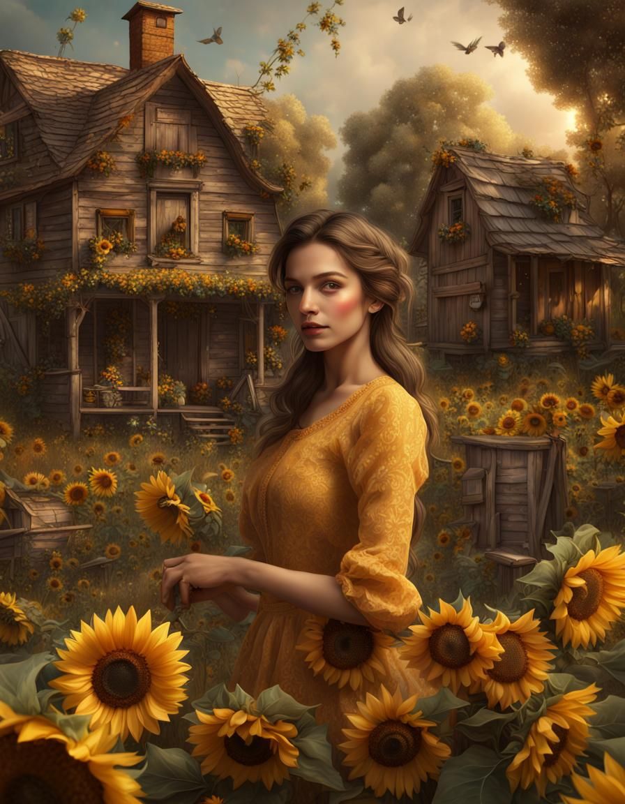 Farmhouse Scene with Woman, Sunflowers, and Vintage Accents