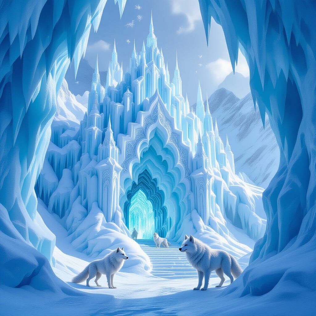 Majestic Ice Palace Guarded by Ethereal Wolves in Fantasy Ar...
