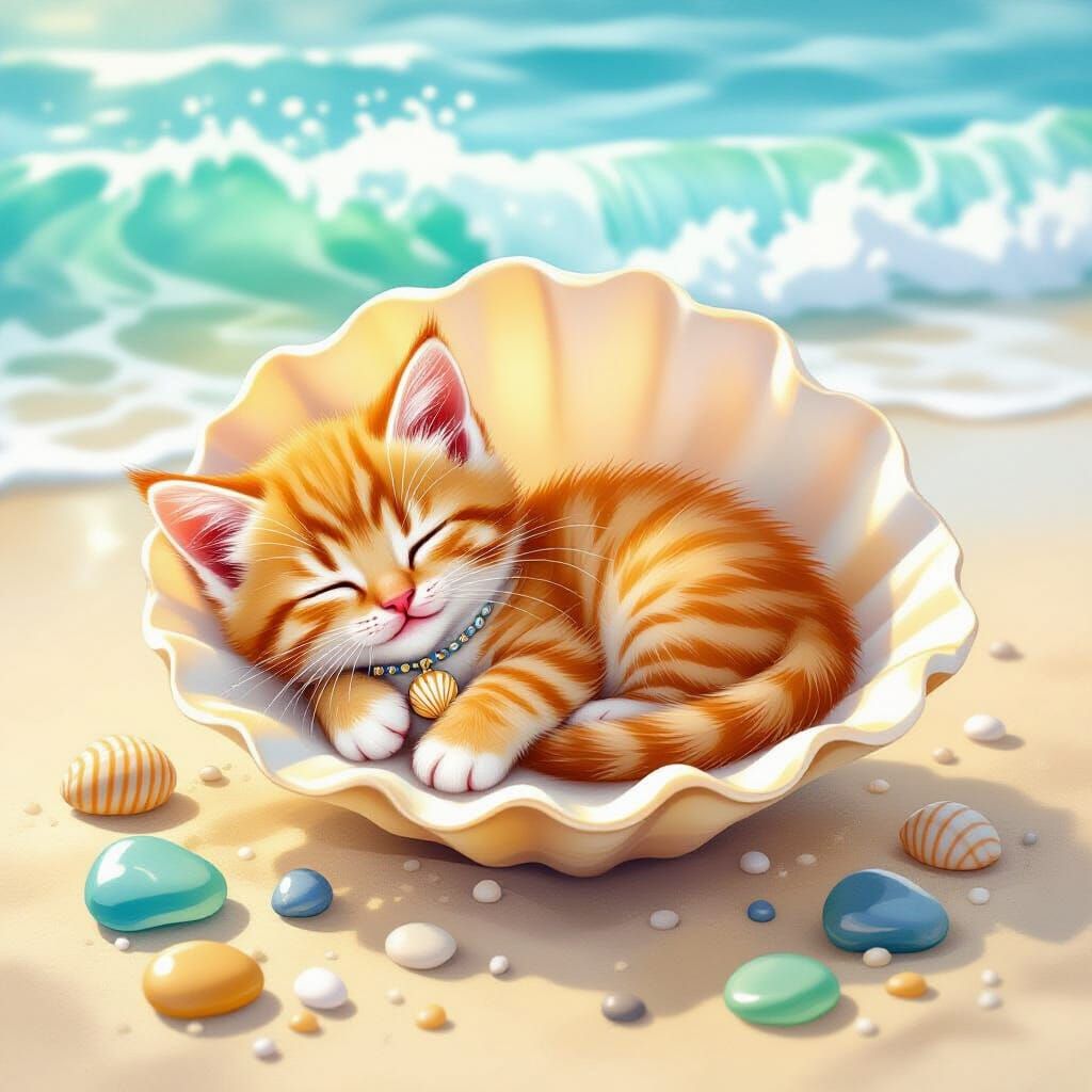 Orange Kitten Napping in Seashell: Watercolor Art