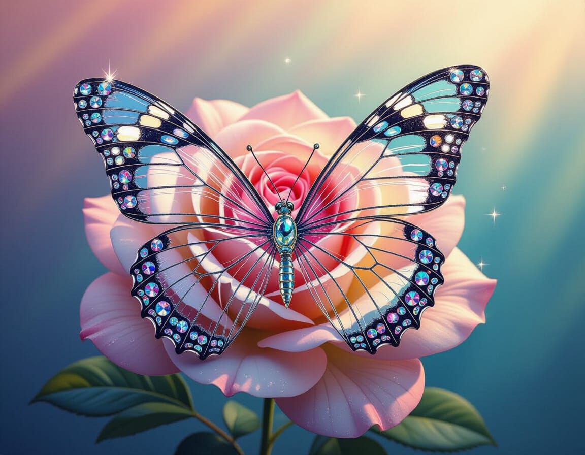 Glass Butterfly with Rhinestones on Rose, Rainbow Gradient