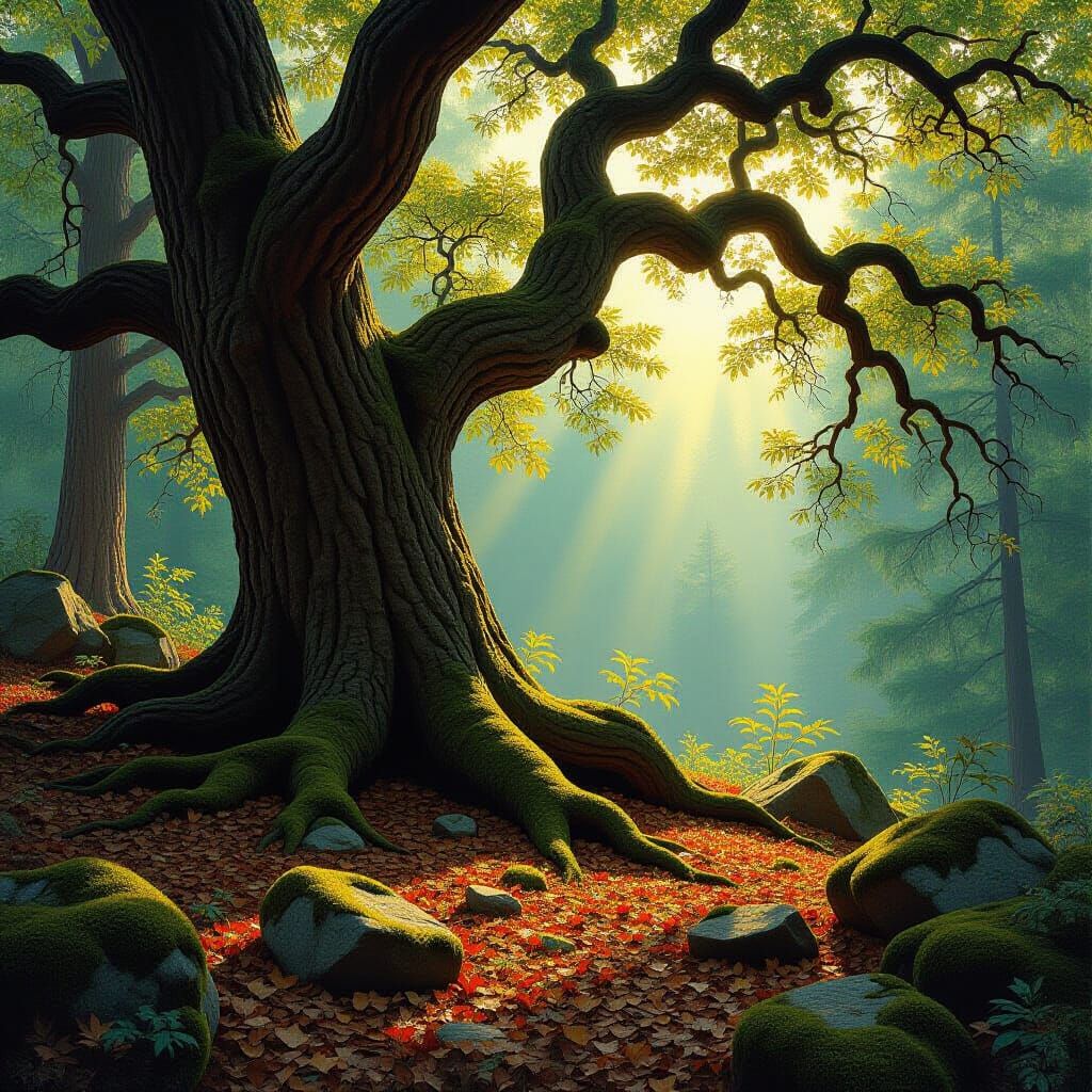 Ancient Oak Tree Falls in Sunlit Forest, Painterly Style