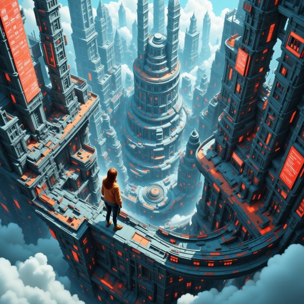 Cyborg Woman Overlooks City Abyss in Isometric Style