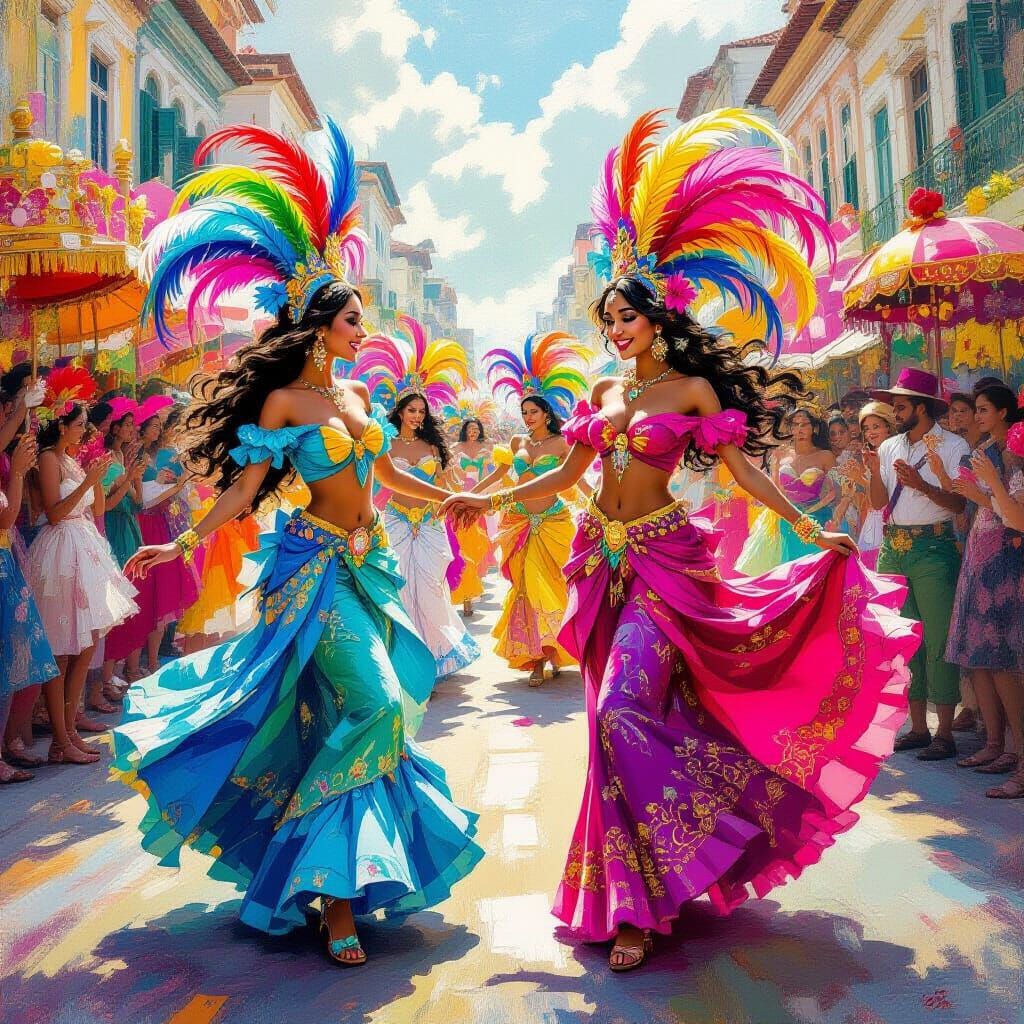 Ariel and Jasmine at Brazilian Carnival as Fantasy Oil Paint...