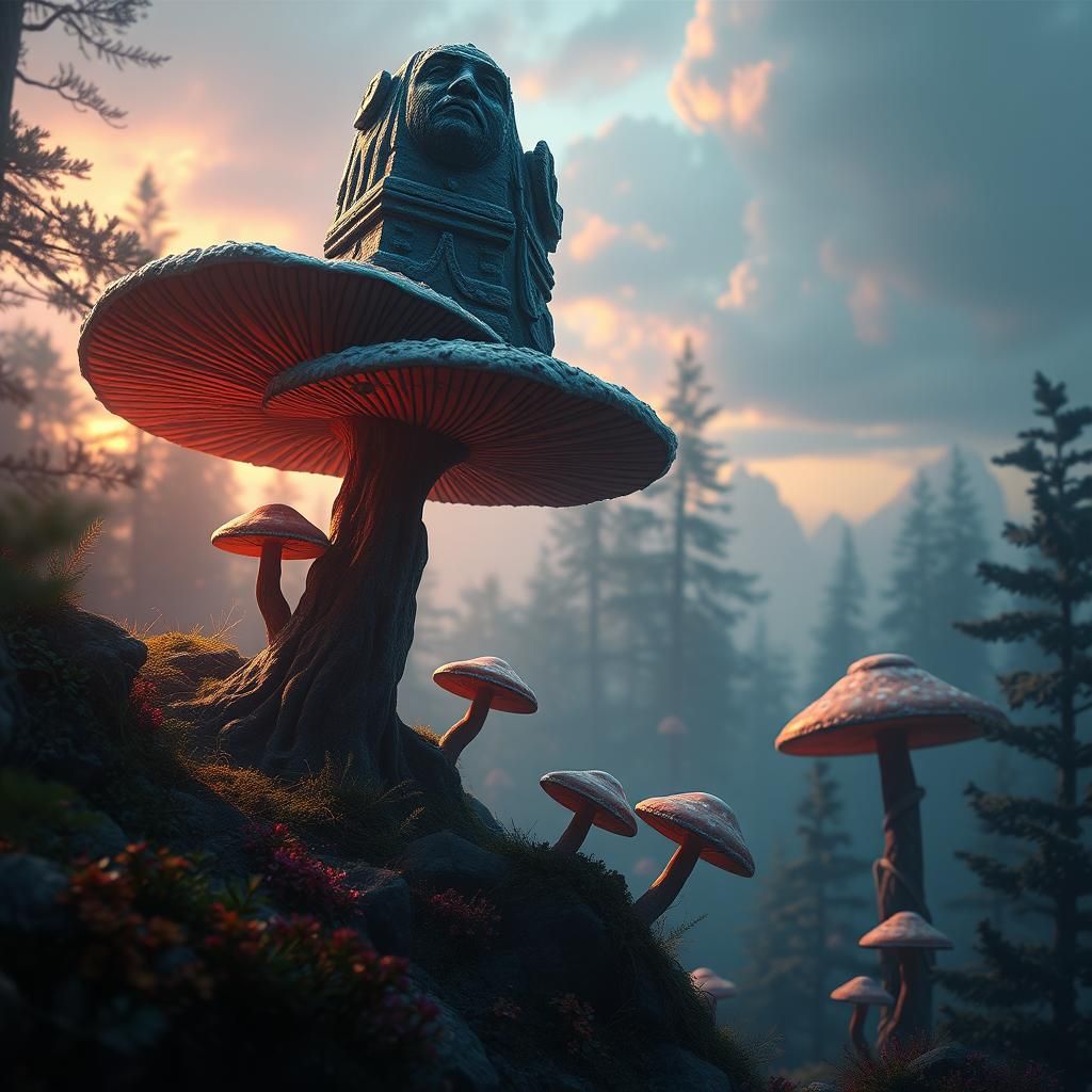 Marine Clearing Mushroom Forest at Dawn: Fantasy Art