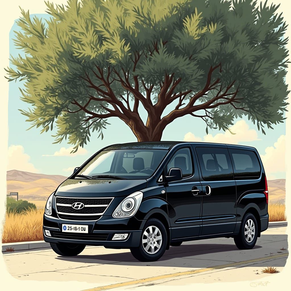 Hyundai Minivan Under Olive Tree: Hyperrealistic Rendering