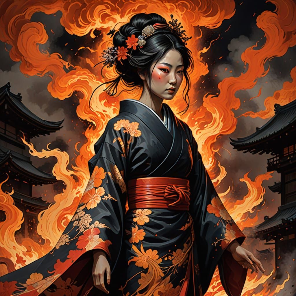Surreal Japanese Courtesan in Fiery, Hellish Landscape with...