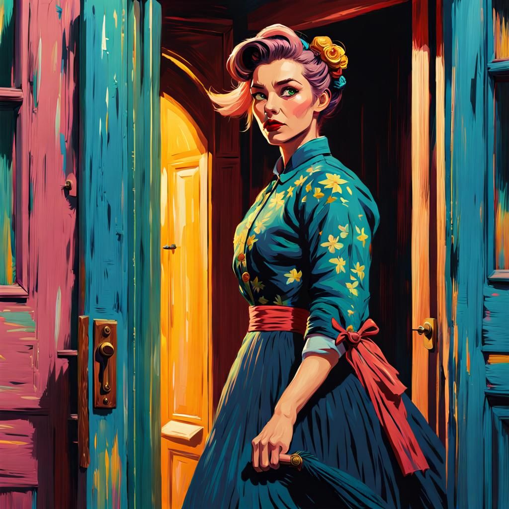 Eccentric Woman Bursts Through Doorway: Impasto Digital Art