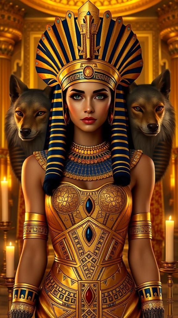 Egyptian Queen Cleopatra in Opulent Regalia with Golden Warr...