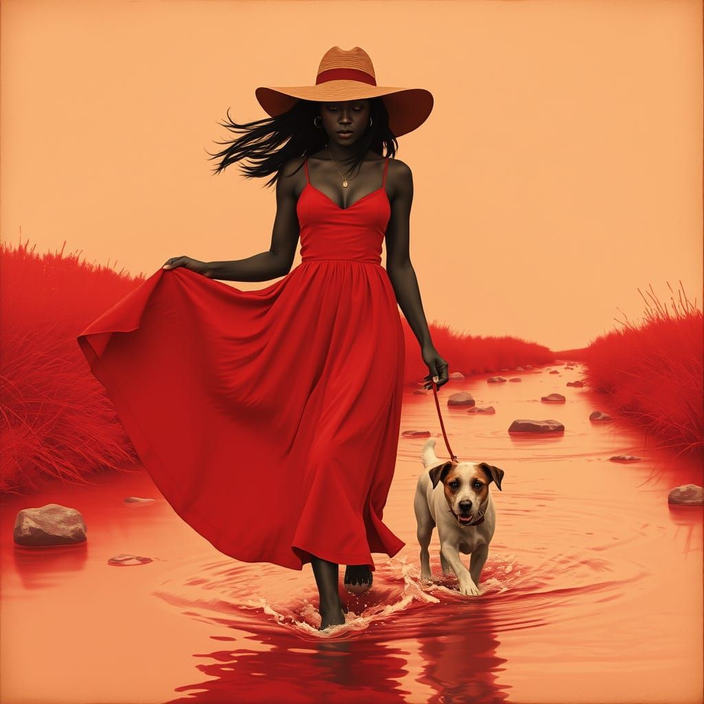 Woman in Floppy Hat Walks Serene Creek with Dog
