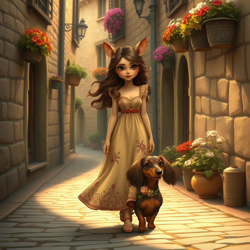 Whimsical Tabaxi and Dachshund on Quaint Street