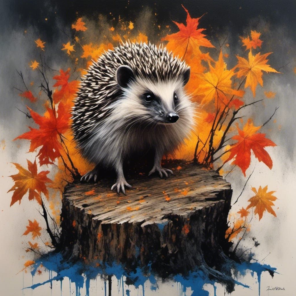 Hedgehog on Tree Stump in Graffiti Marble Style