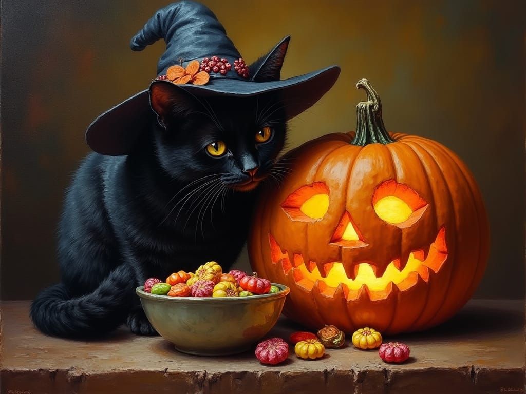Black Cat Witch Hat by Jack O'Lantern, Oil Painting