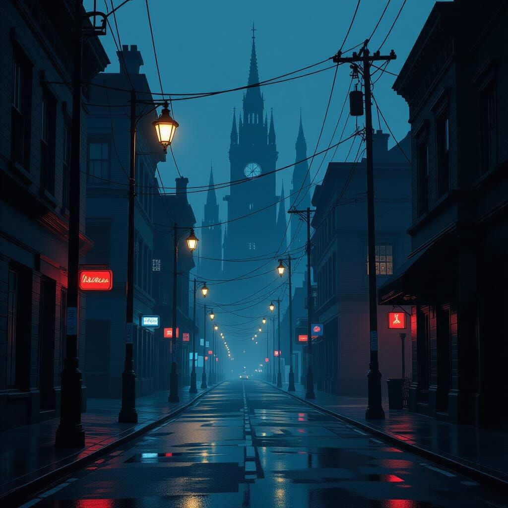 Ominous Street Scene with Eerie Shadows and Dystopian Vibe