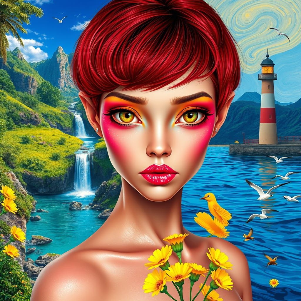 Ethereal Alien Goddess on Vibrant Beachside Realm