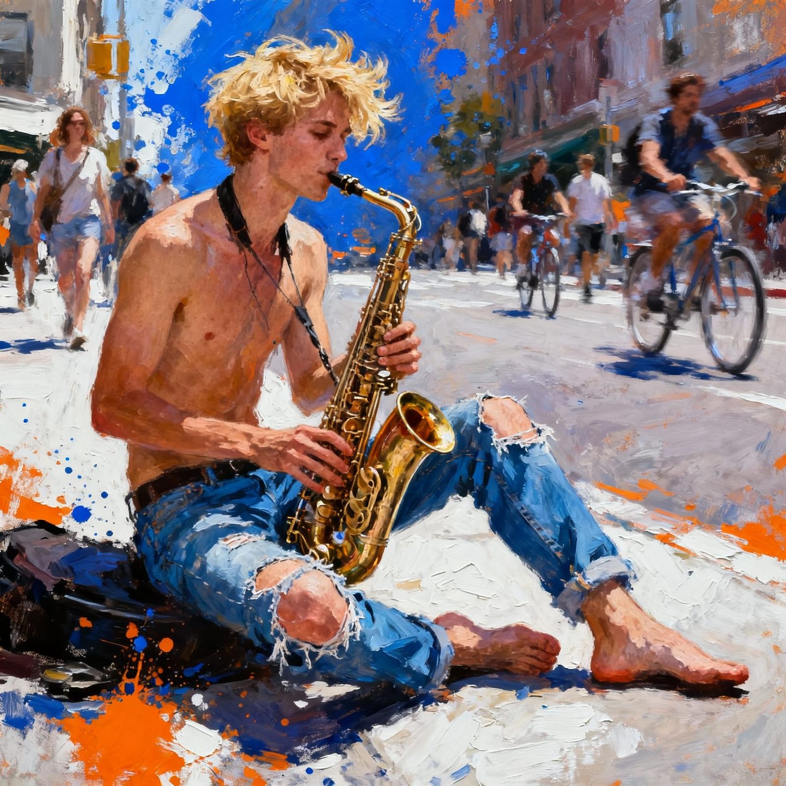 Expressive Saxophonist Painting on City Street