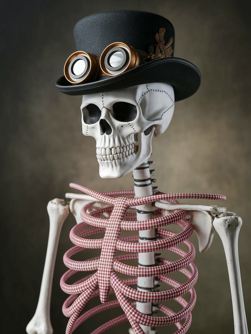 Steampunk Skeleton in Gingham Pattern, High-Resolution Photo...
