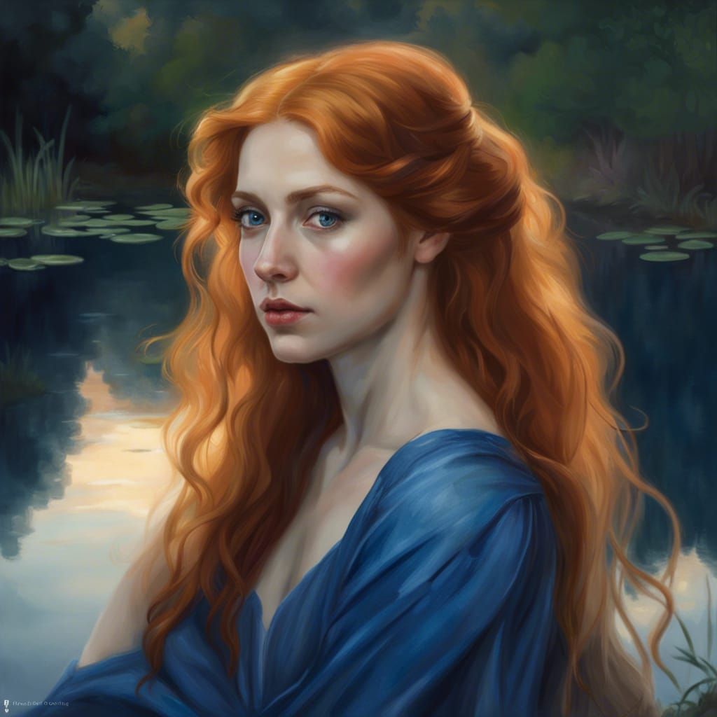 Pre-Raphaelite Woman by Pond at Twilight