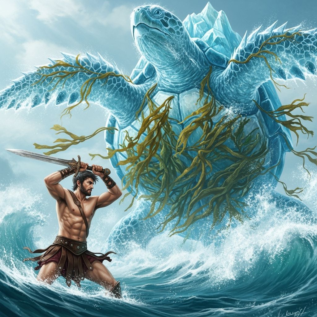 Theseus Battles Colossal Water Turtle With Ice Shell