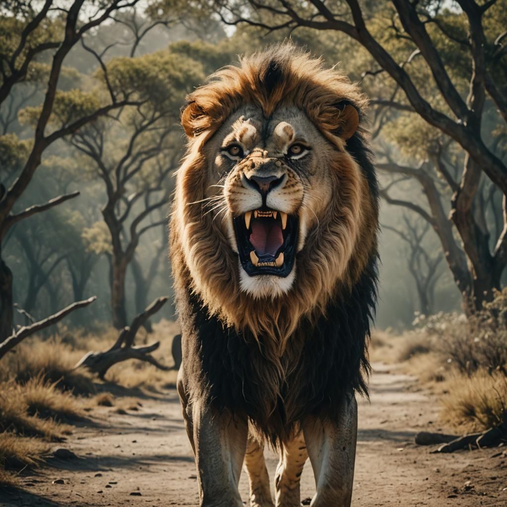 Dramatic Roaring Lion in Cinematic Film Still