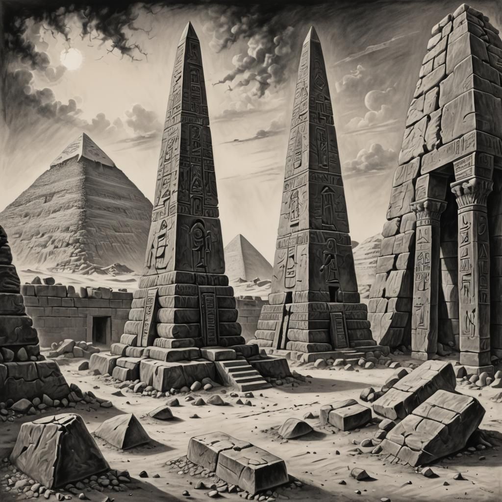 Ruined Egyptian Obelisk Charcoal Drawing