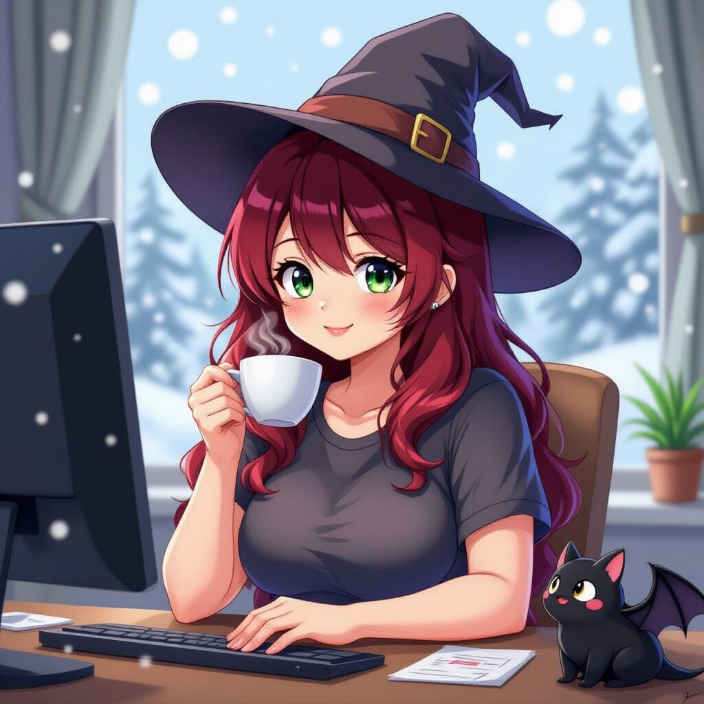 Anime Woman with Crimson Hair and Witch Hat by Computer