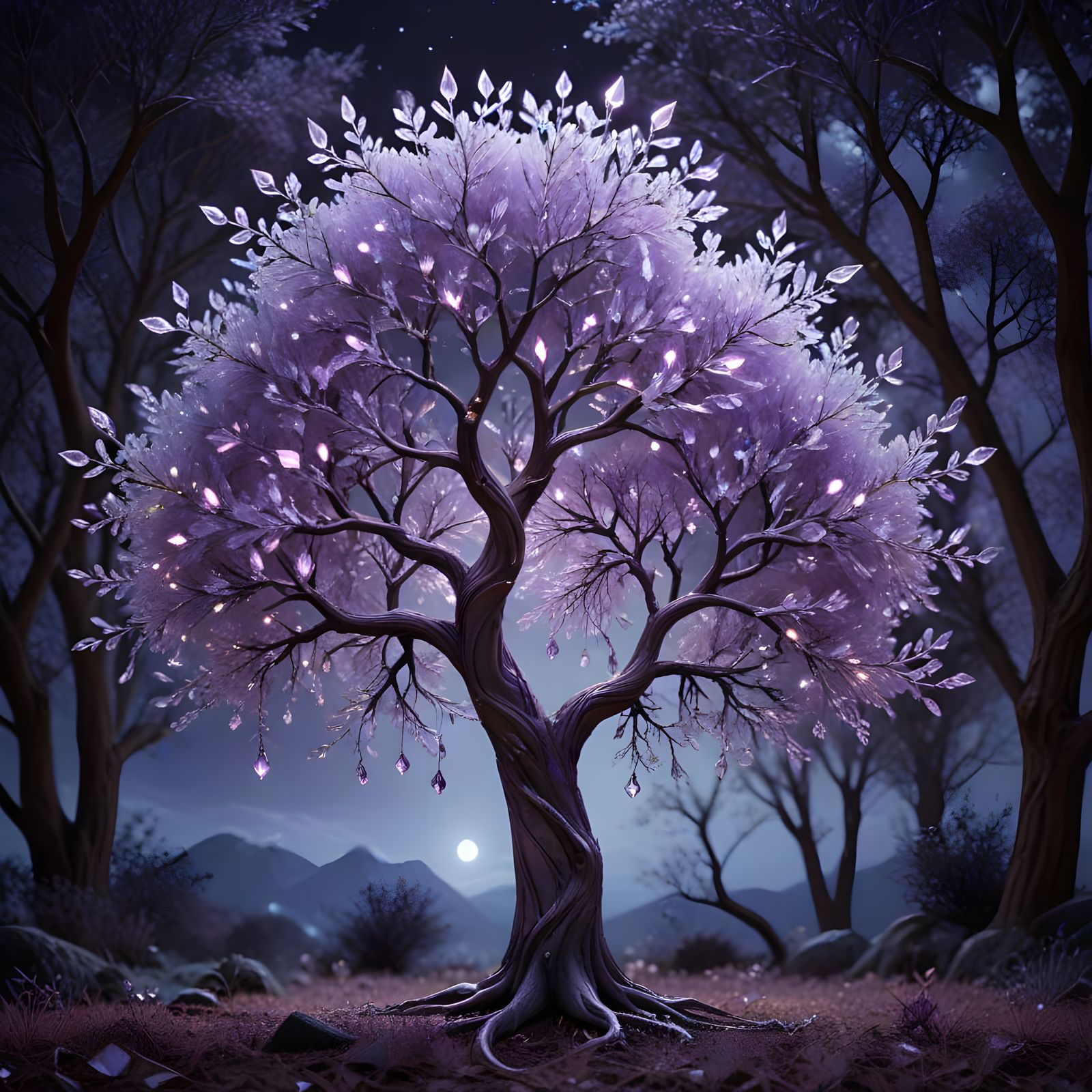 Ethereal Tree Radiates Purple and Silver Crystals in Lunar G...