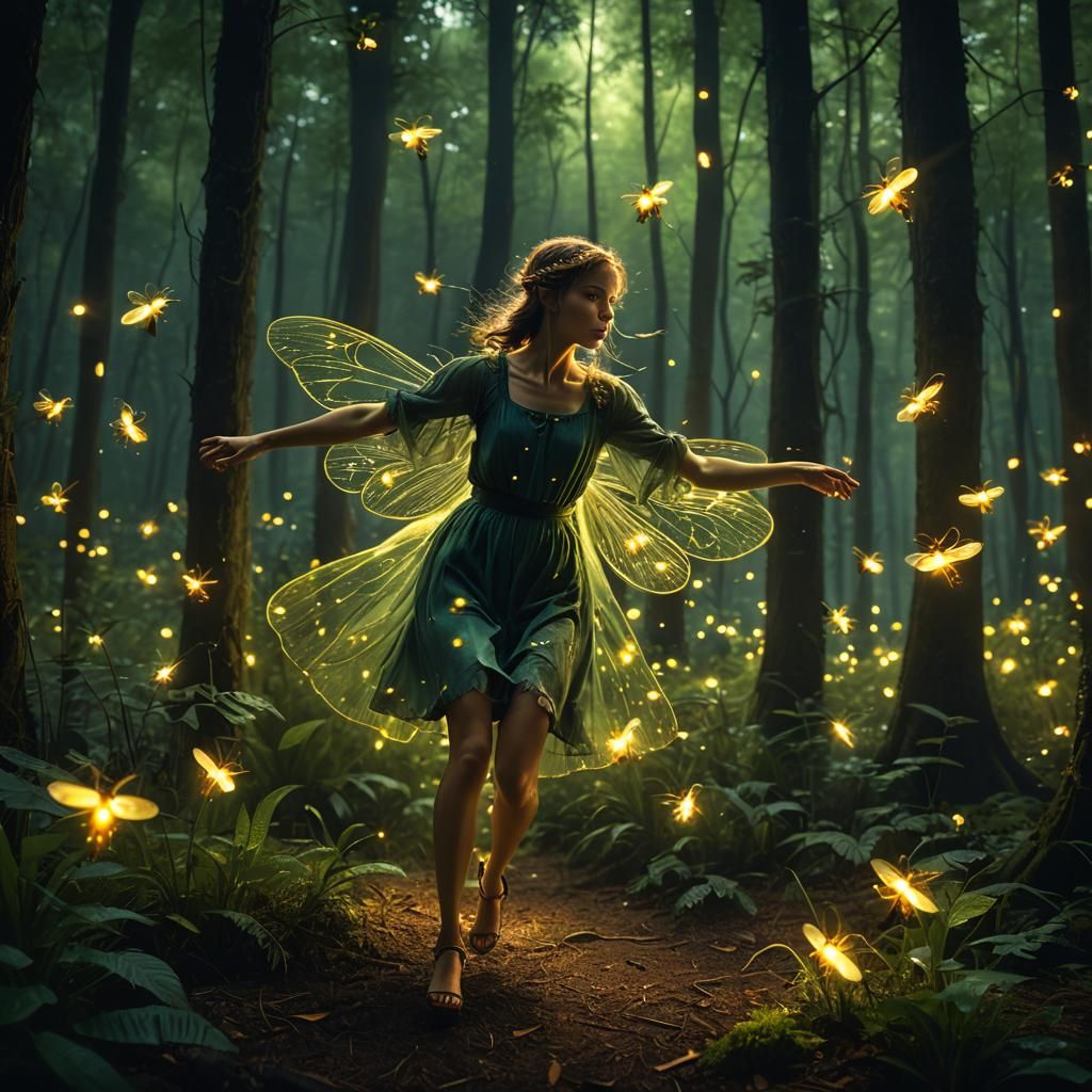 Woodland Fairy Dance with Fireflies: Cinematic Film Still