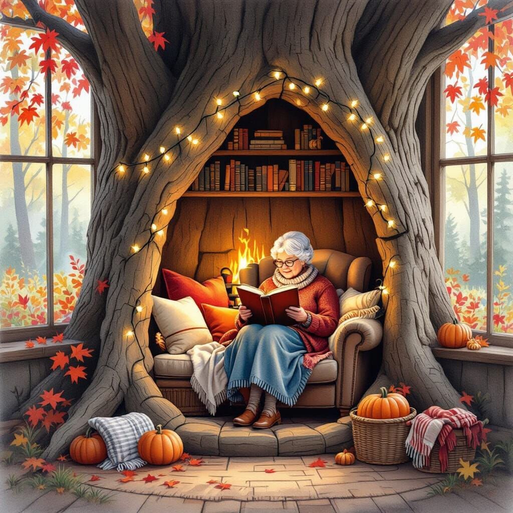 Cozy Reading Nook in Ancient Tree, Watercolor Style