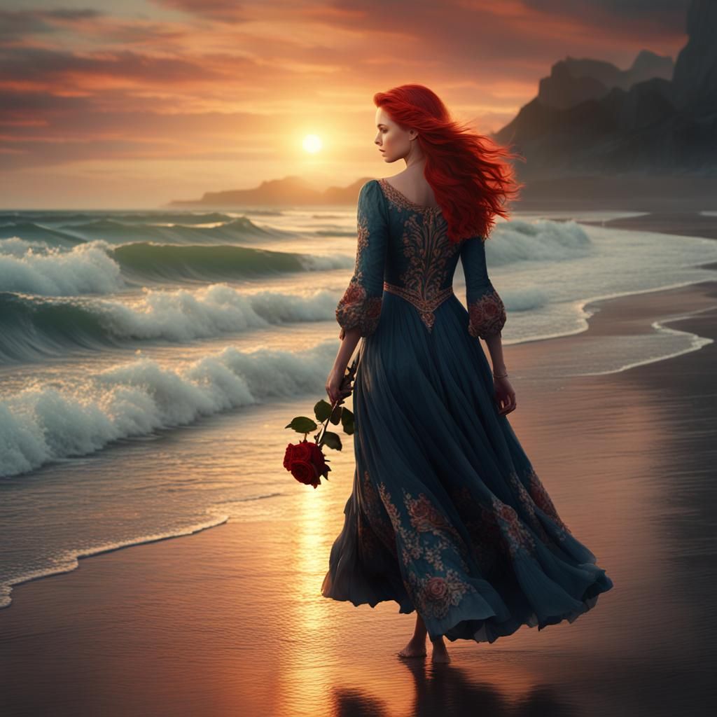 Redhead on Beach at Sunset: Digital Matte Painting