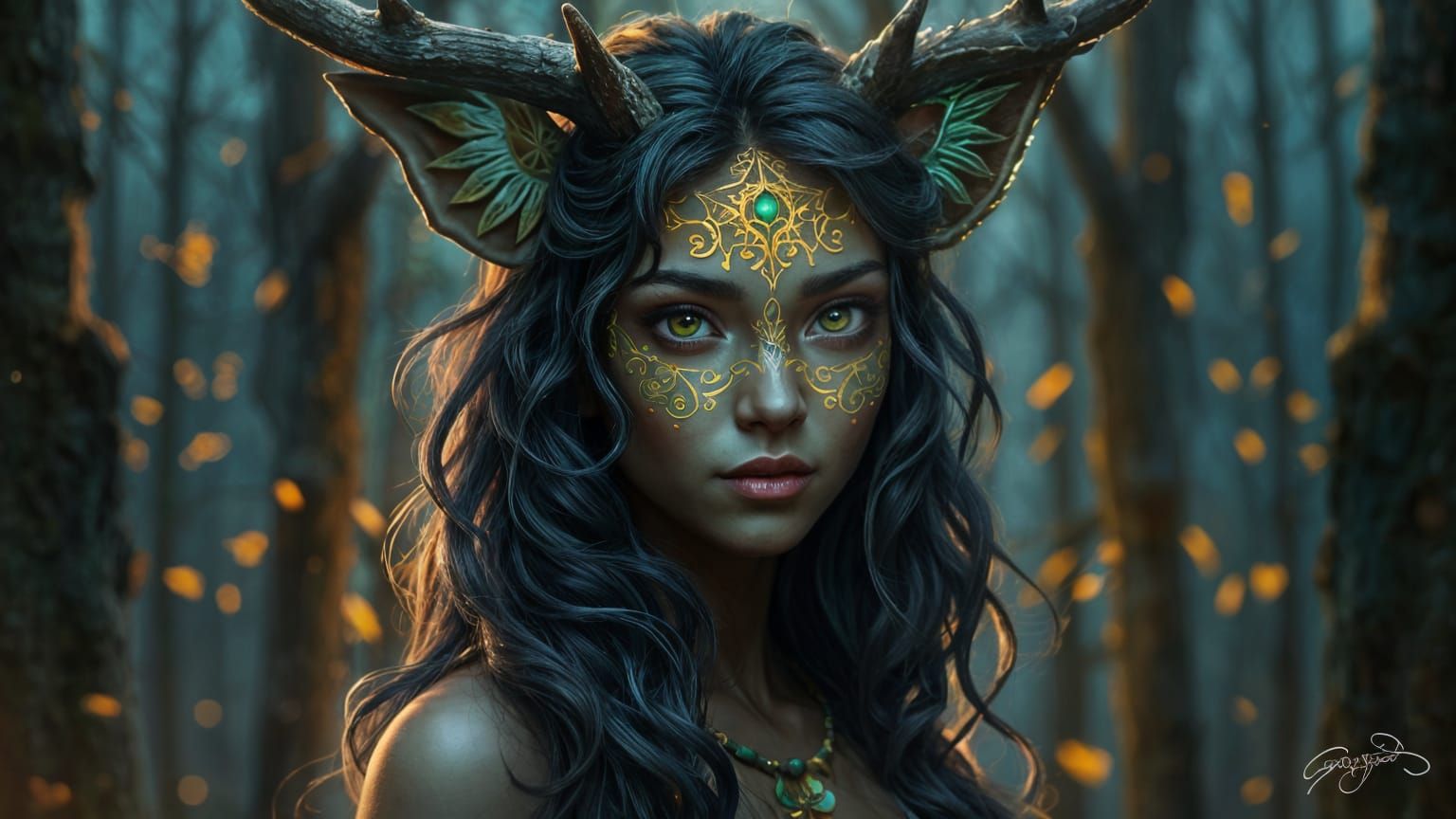Bioluminescent Deer Elf Portrait in Forest at Night