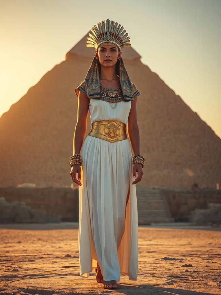 Cleopatra in Golden Hour: Pyramid Backdrop