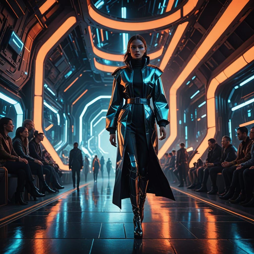 Surreal High-Fashion Model Struts Down Neon Runway in Cyberp...