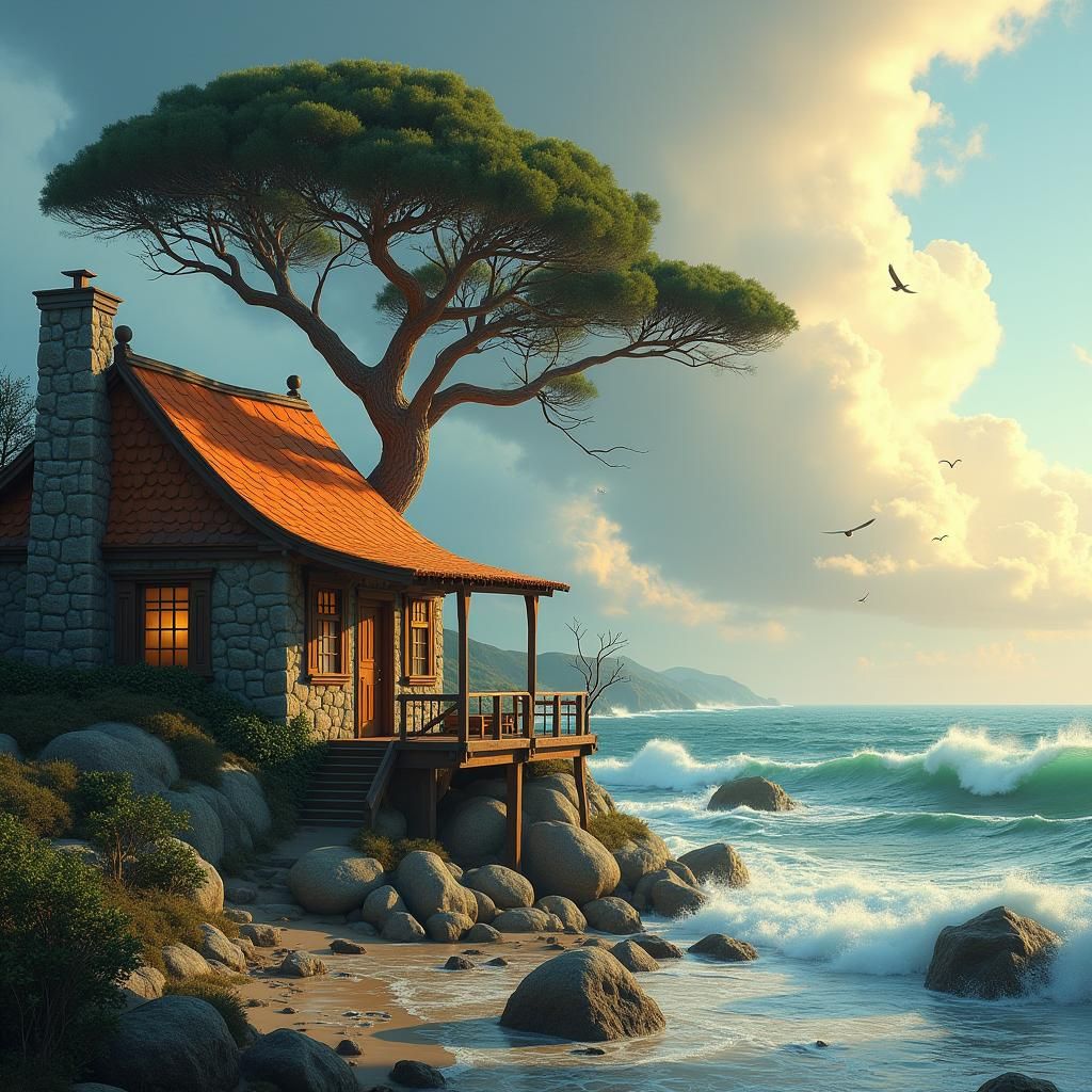 Seaside House with Pine Tree in Fantasy Style
