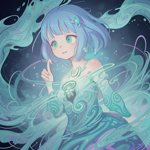 Enigmatic Woman in Whimsical Quantum Dreamscape